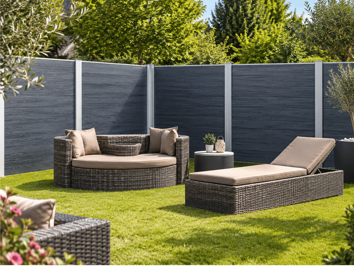 Palissade Govawall en plastique recyclé posée en clôture de jardin