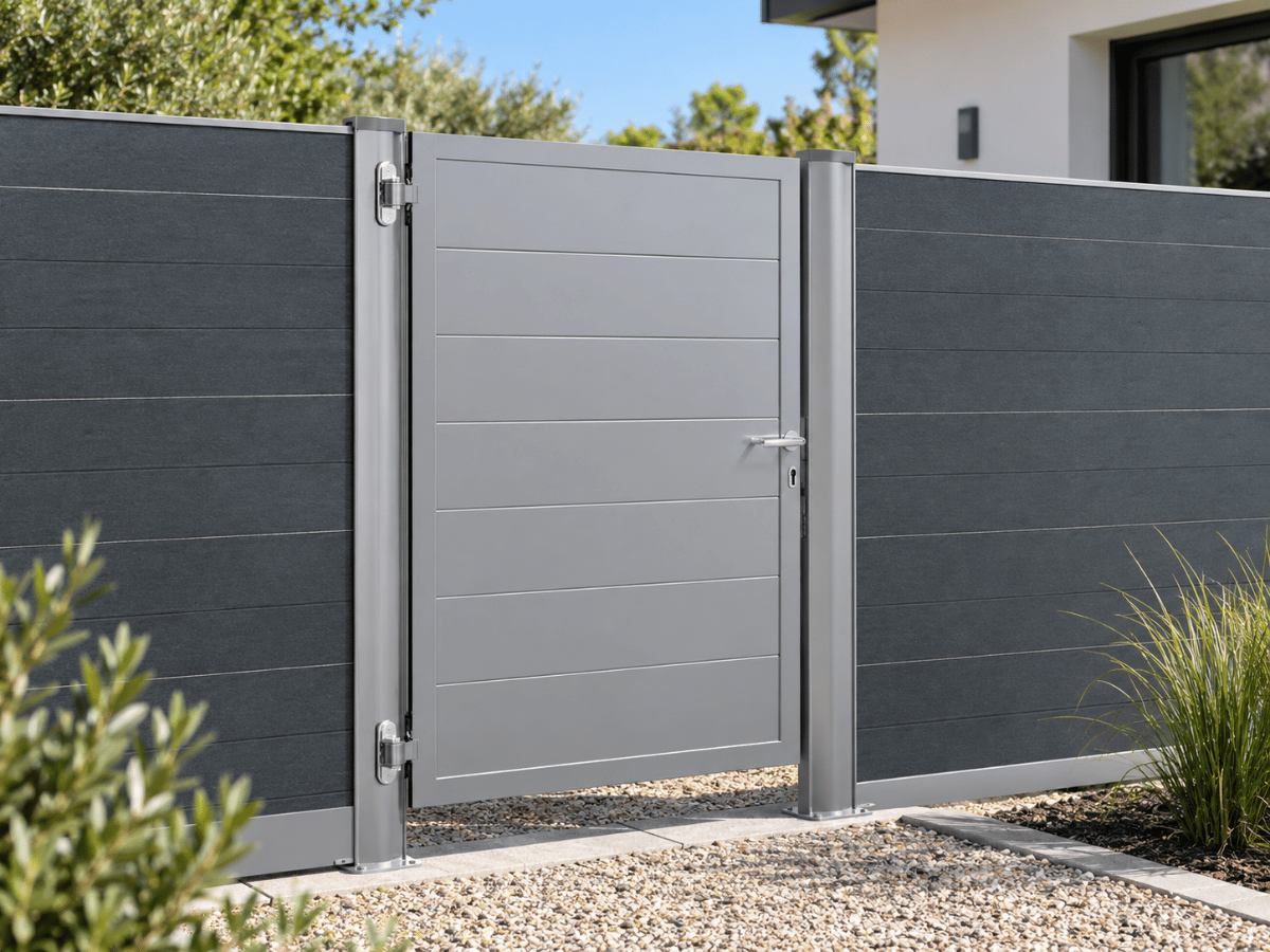 Portillon occultant en aluminium assorti à une palissade Govawall